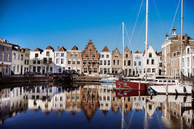 Sailboats moored on river by buildings against sky in city