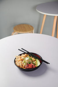 High angle view of food in plate on table