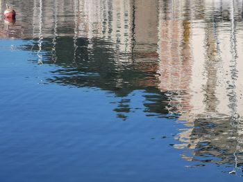 Reflection of man swimming in lake