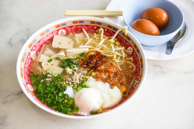 High angle view of soup in bowl on table