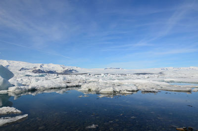 Beautiful blue skies over an icey landscape in the south of iceland.