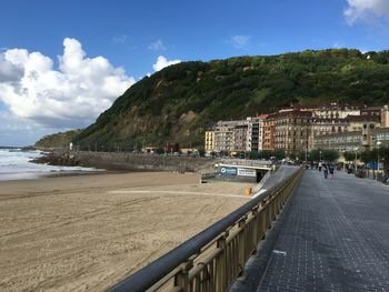 Scenic view of sea by mountain against sky