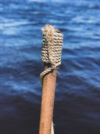 Close-up of rope tied on wooden post