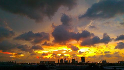 Dramatic sky over city during sunset
