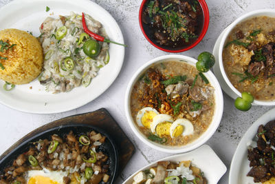 High angle view of food in bowls on table