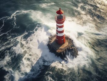 Low angle view of lighthouse by sea against sky