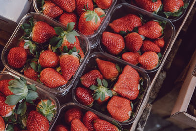 High angle view of strawberries in market