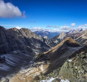 Scenic view of snowcapped mountains against blue sky