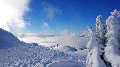 Scenic view of snow covered mountains against sky