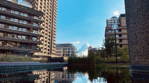 Reflection of buildings in lake against sky