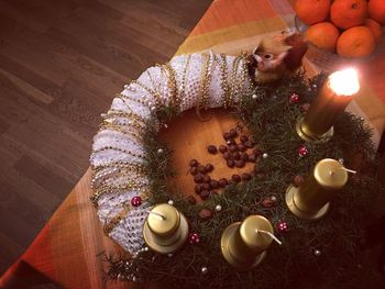 High angle view of christmas decoration on table