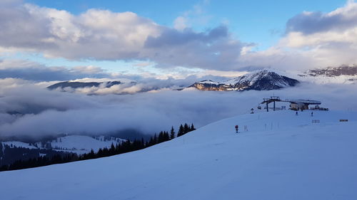 Scenic view of snowcapped mountains against sky