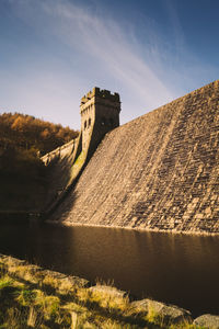 Low angle view of derwent reservoir against sky