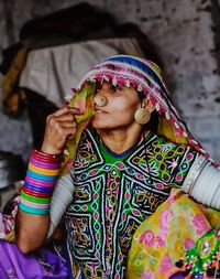 Low angle view of woman looking away