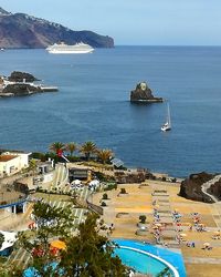 High angle view of ship moored at harbor