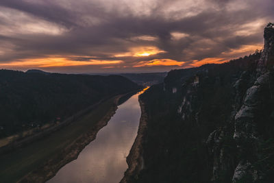 Scenic view of mountains against sky during sunset