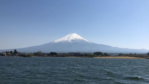 Scenic view of lake by snowcapped mountain against clear sky