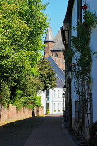 Empty road amidst trees and buildings against sky