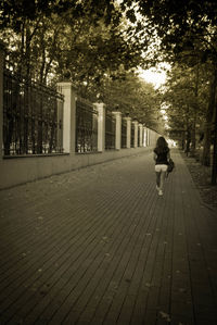 Rear view of man walking on built structure