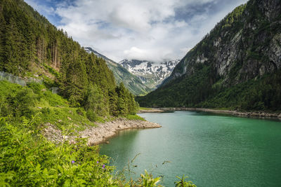 Scenic view of lake and mountains against sky