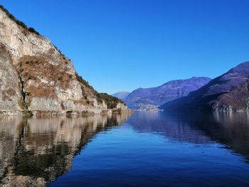 Scenic view of lake and mountains against clear blue sky