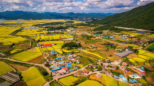 High angle view of agricultural field against sky