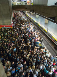 High angle view of people at railroad station