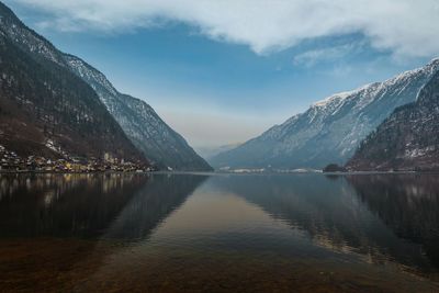 Scenic view of lake and snowcapped mountains against sky