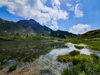 Scenic view of lake and mountains against sky