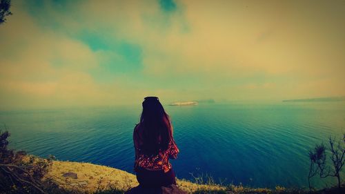 Rear view of woman sitting by sea against sky