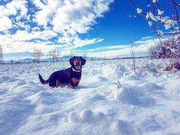 Man lying on snow covered landscape against sky