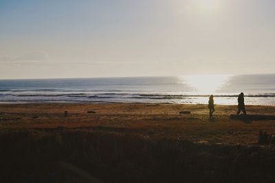 Rear view of man standing on beach against sky during sunset