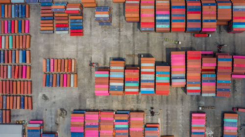 Full frame shot of multi colored container area center top view 