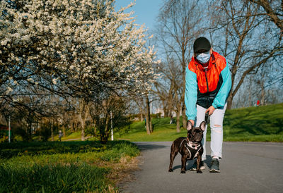 Woman with french bulldog dog walking in park in spring