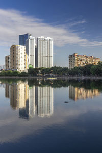 Reflection of buildings in river against sky