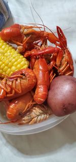 High angle view of seafood in plate on table