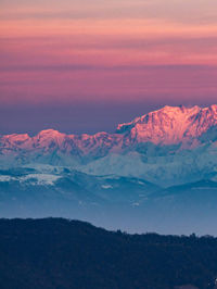 Scenic view of snowcapped mountains against sky during sunset