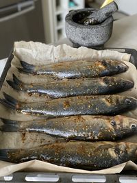 High angle view of fish on table