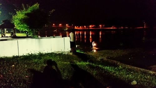 Silhouette trees by illuminated water against sky at night