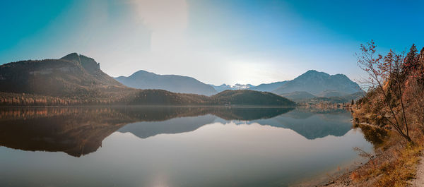 Scenic view of lake and mountains against sky