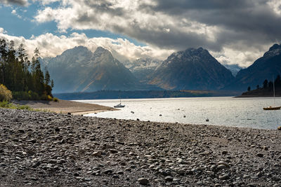 Scenic view of lake by mountains against sky