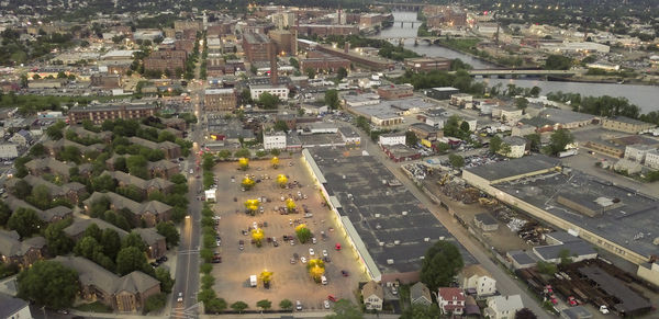 High angle view of buildings in city