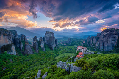 Sunset sky and monasteries of meteora