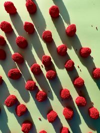 Above raspberry flavored candy gummies encrusted with tiny red nonpareils