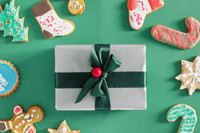 High angle view of christmas decorations on table