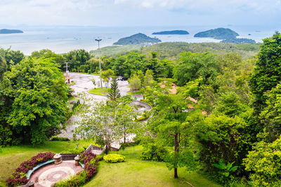 High angle view of trees on landscape against sky