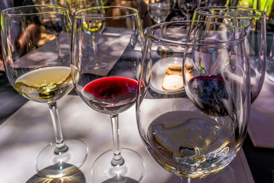 Close-up of wine glasses on table