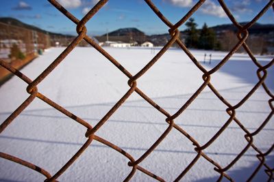 Close-up of chainlink fence during winter