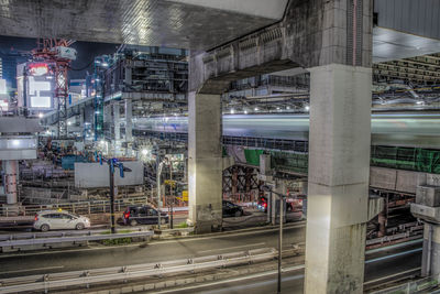High angle view of light trails at night