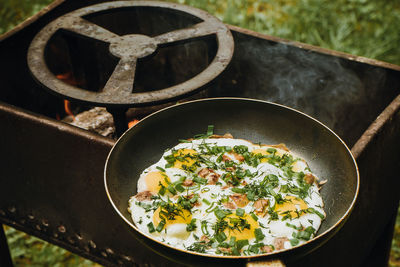 High angle view of breakfast on table